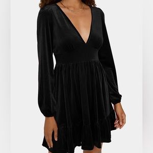 Halara - Deep V-Neck Ruffle Hem Velvet Dress - Black - LARGE